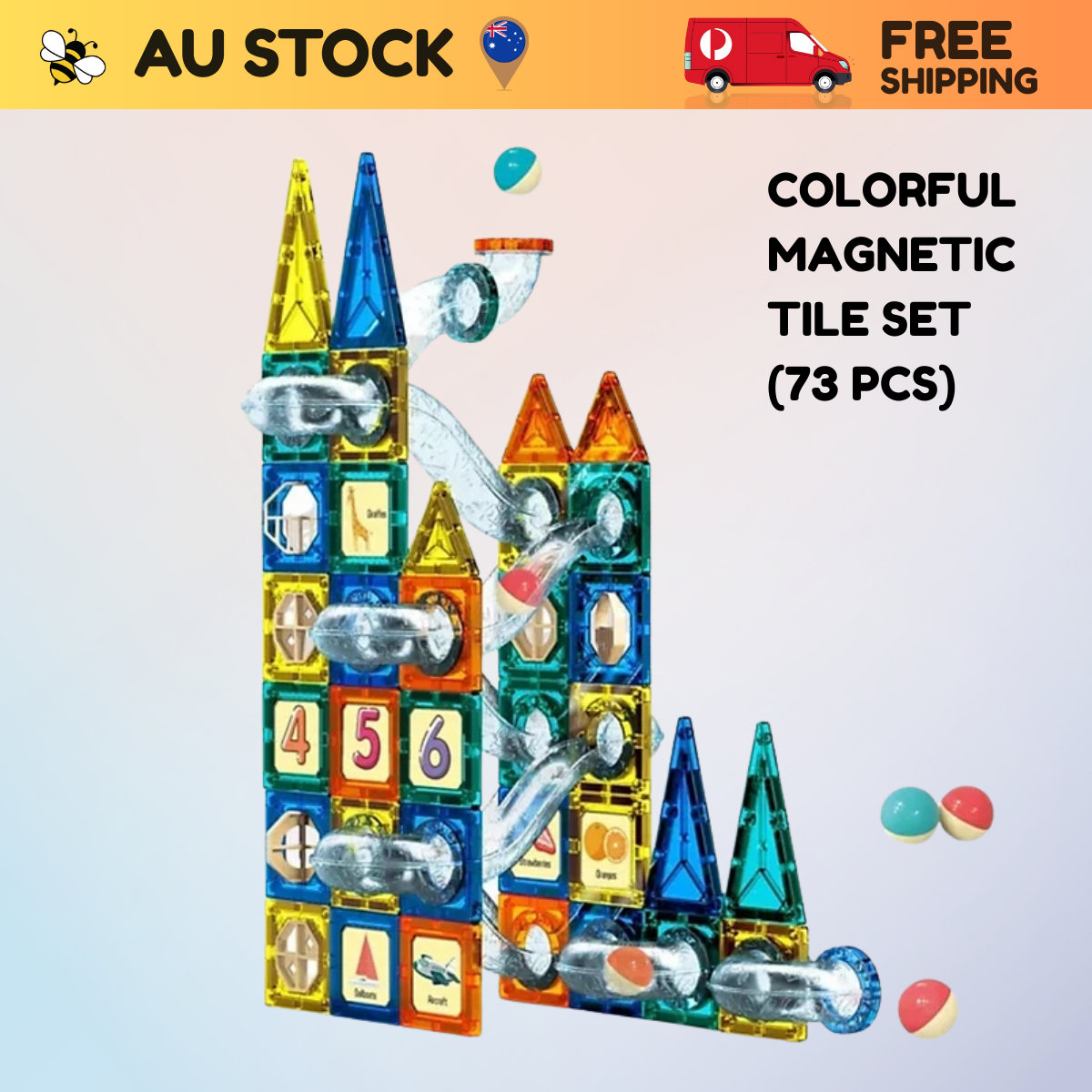 Colorful Magnetic Tile Set (Large - 73 pcs) STEM Educational Toys | Kids Birthday Christmas Gift