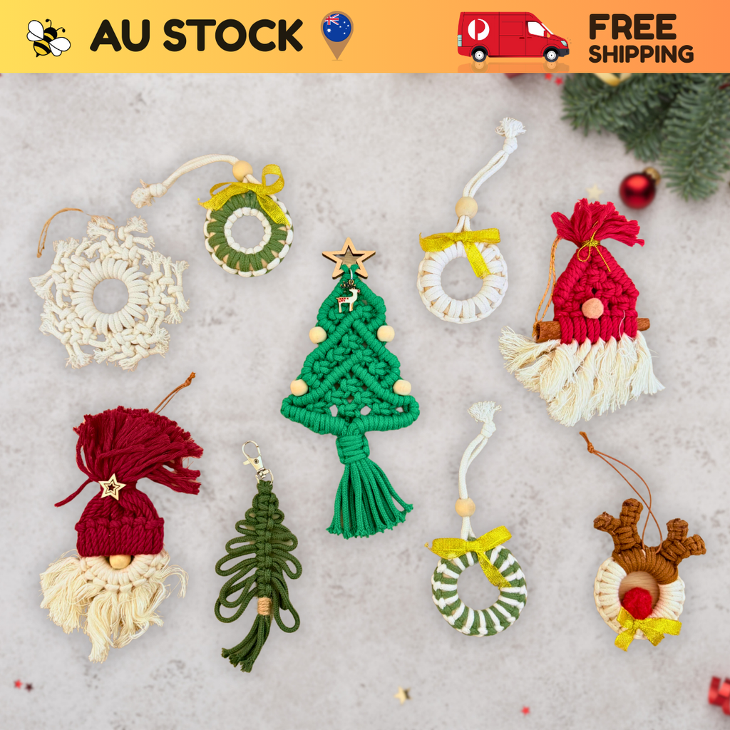 Macrame Christmas Tree Hanging Decor Set – 9pcs Handmade Ornaments