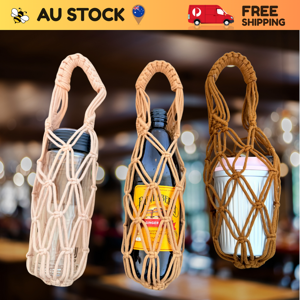 Handmade Macrame Bottle Holder - Tumbler Carrier – Fit 300ml–1L | Eco Reusable Carrier | AU stock