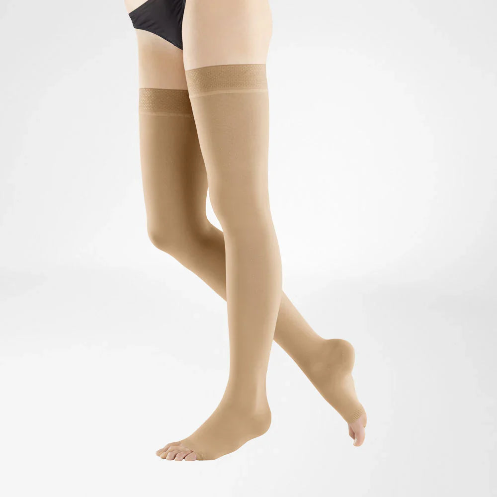 VenoTrain Micro Compression Thigh High Stockings - Open Toe, Caramel