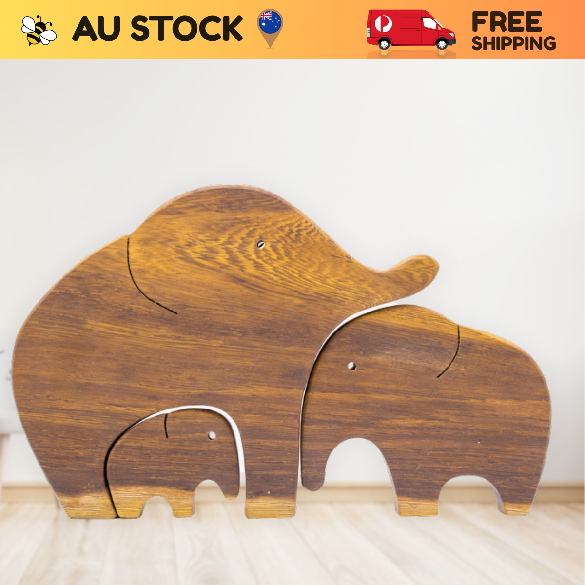 Elephant Family Wooden Puzzle – Montessori Educational Toy (Age 2+)