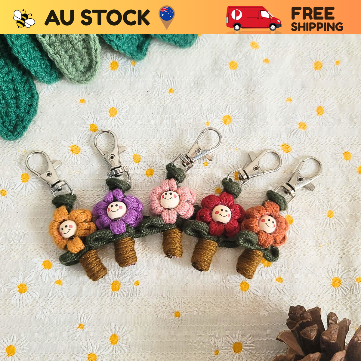 Handmade Macrame Smiley Flower Keychains – Set of 5 | Eco Gift AU Stock
