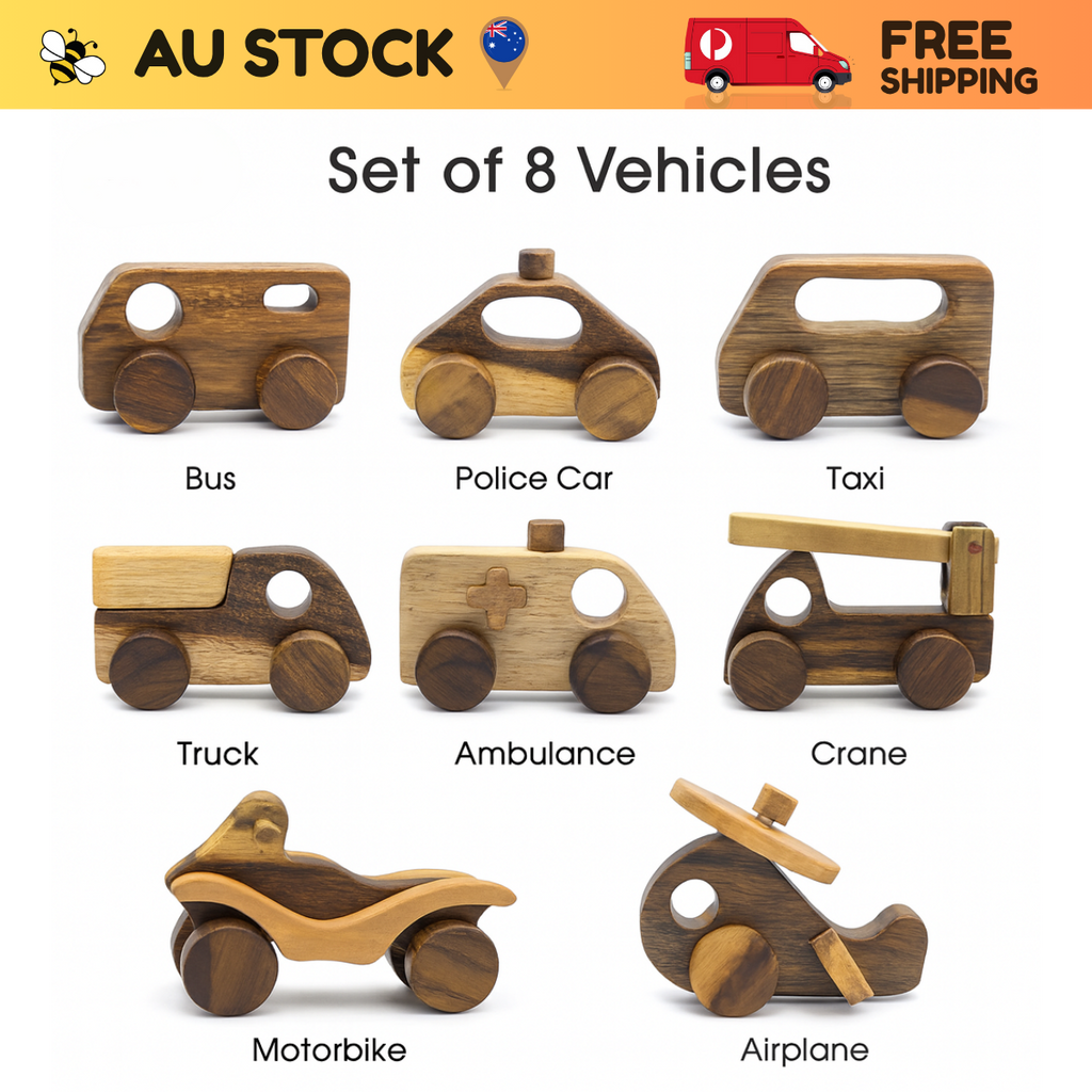 Wooden Vehicle Set (8 pcs) – Montessori Roleplay Toy (Age 2+)