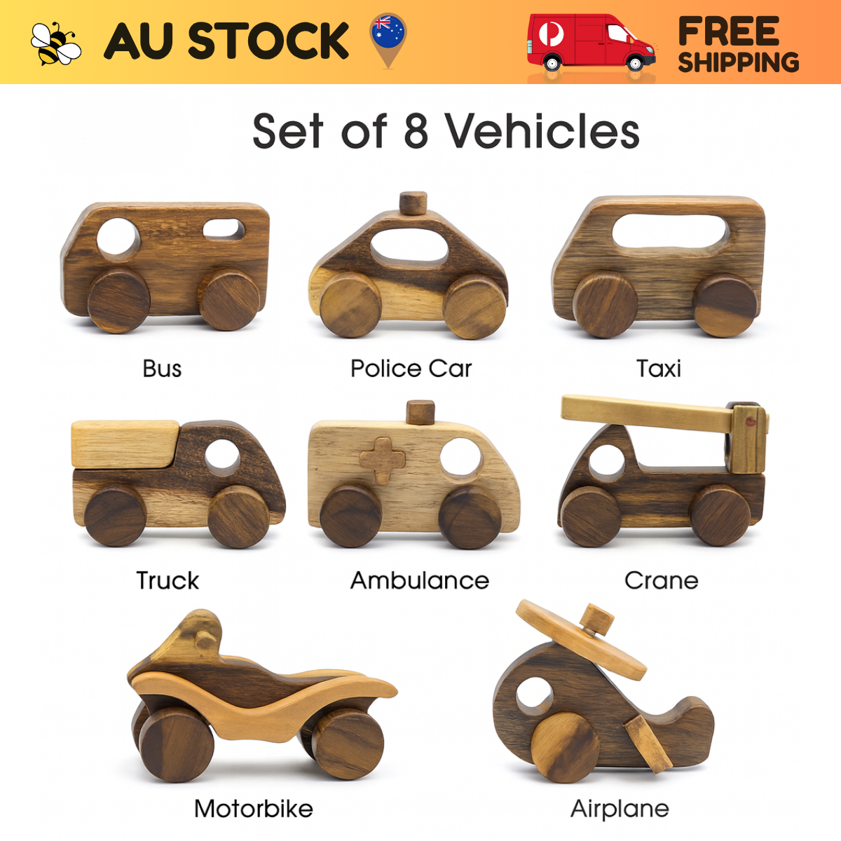 Wooden Vehicle Set (8 pcs) – Montessori Roleplay Toy (Age 2+)