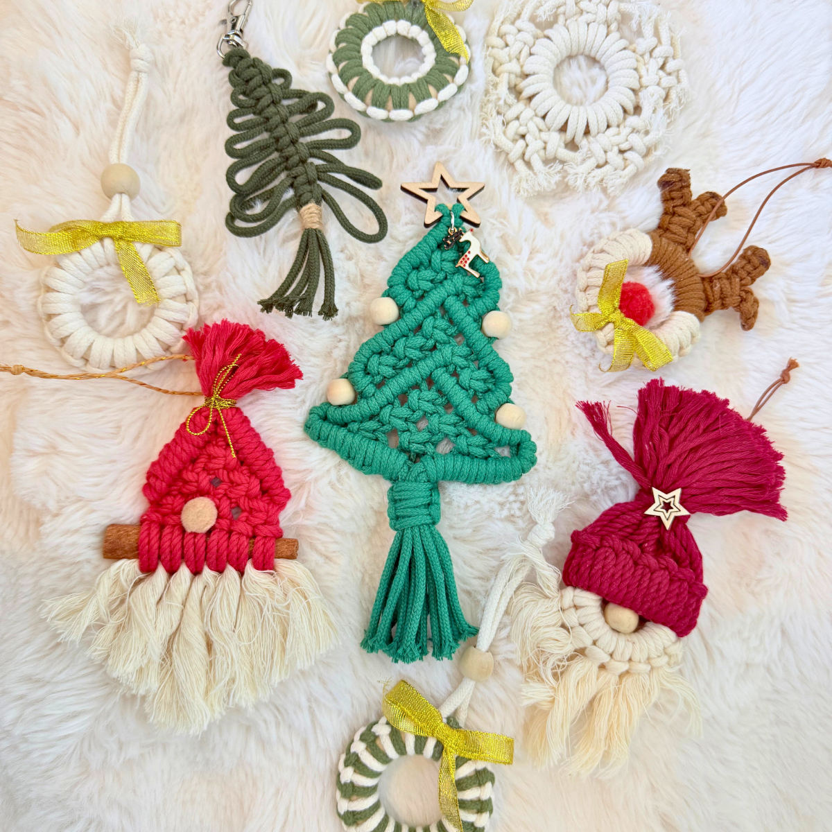 Macrame Christmas Tree Hanging Decor Set – 9pcs Handmade Ornaments