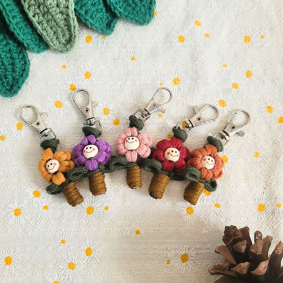 Handmade Macrame Smiley Flower Keychains – Set of 5 | Eco Gift AU Stock