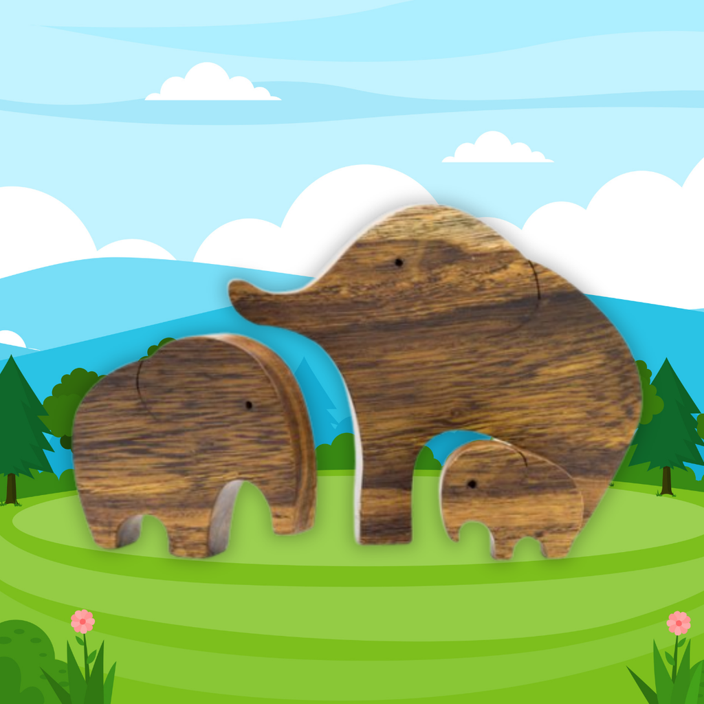 Elephant Family Wooden Puzzle – Montessori Educational Toy (Age 2+)