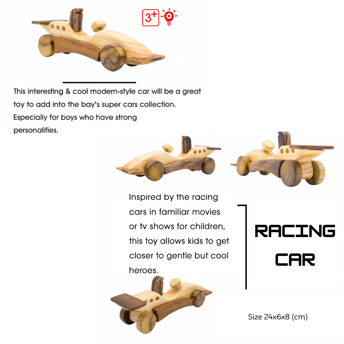 Wooden F1 Race Car – Montessori Vehicle Toy (Age 2+)