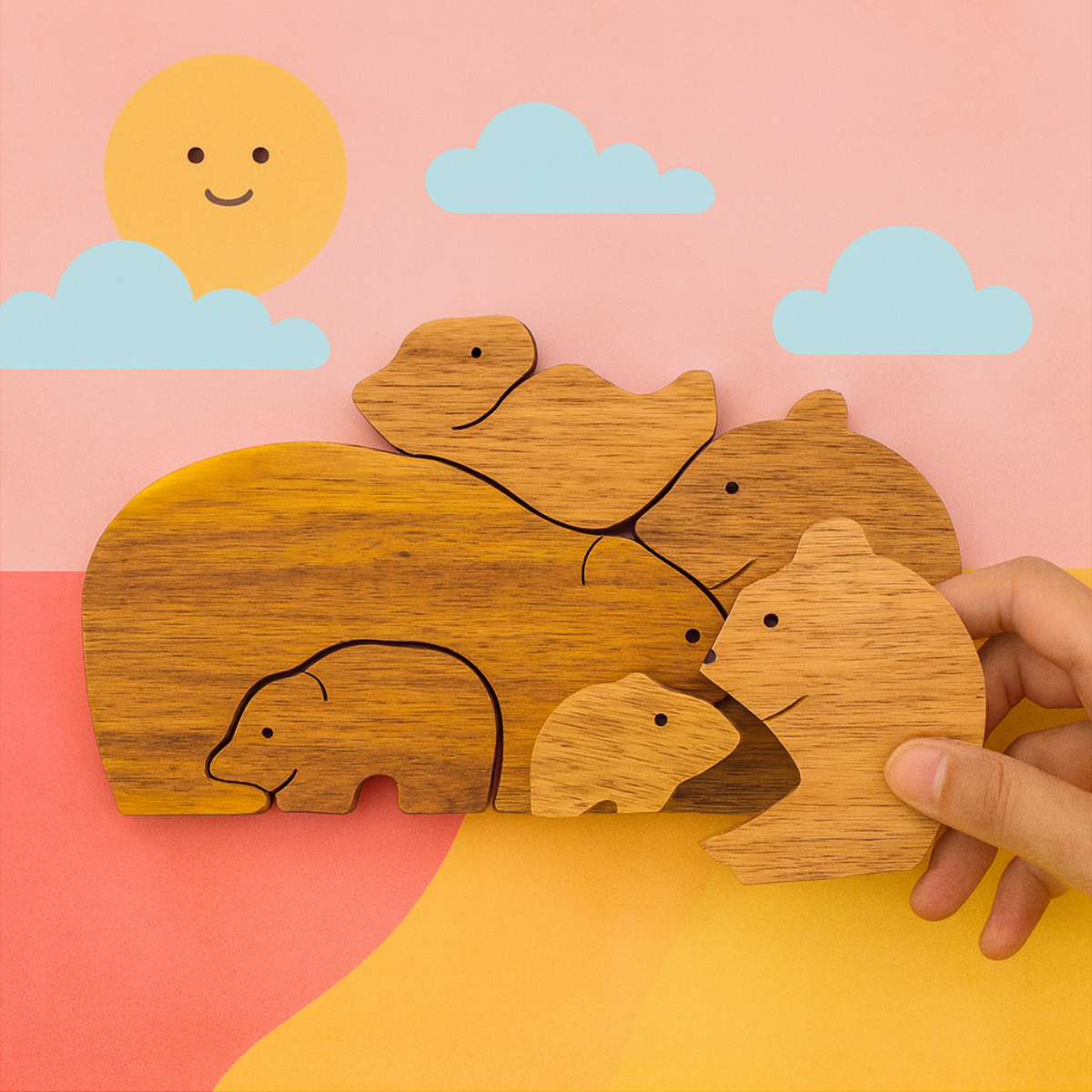 Bear Family Wooden Puzzle – Montessori Educational Toy (Age 2+)