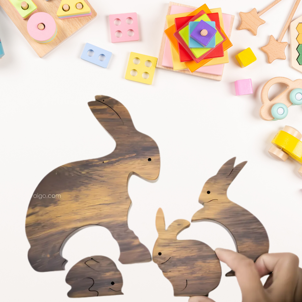 Rabbit Family Wooden Puzzle – Montessori Educational Toy (Age 2+)