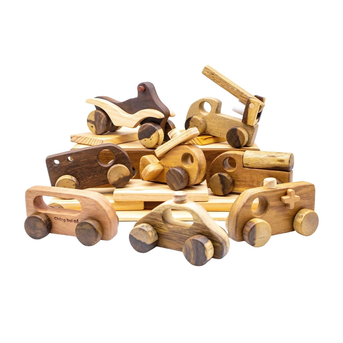 Wooden Vehicle Set (8 pcs) – Montessori Roleplay Toy (Age 2+)