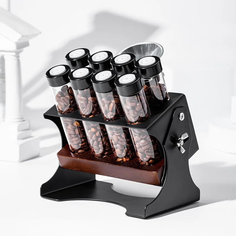 Elegant Glass Coffee Beans Storage Rack with Wooden Base - 8 Tubes