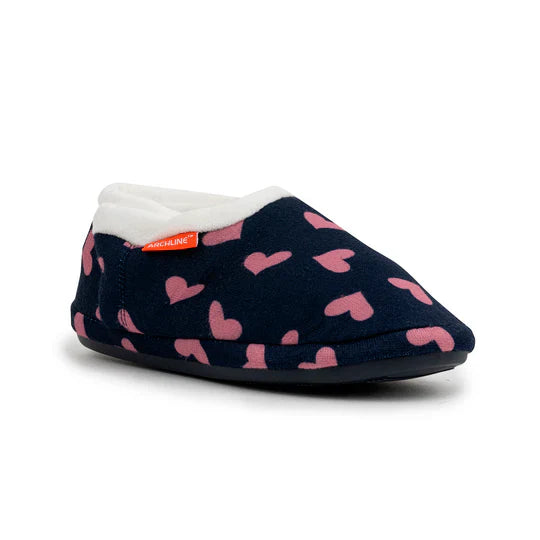 Archline Orthotic Slippers - Navy with Pink Hearts for All-Day Comfort
