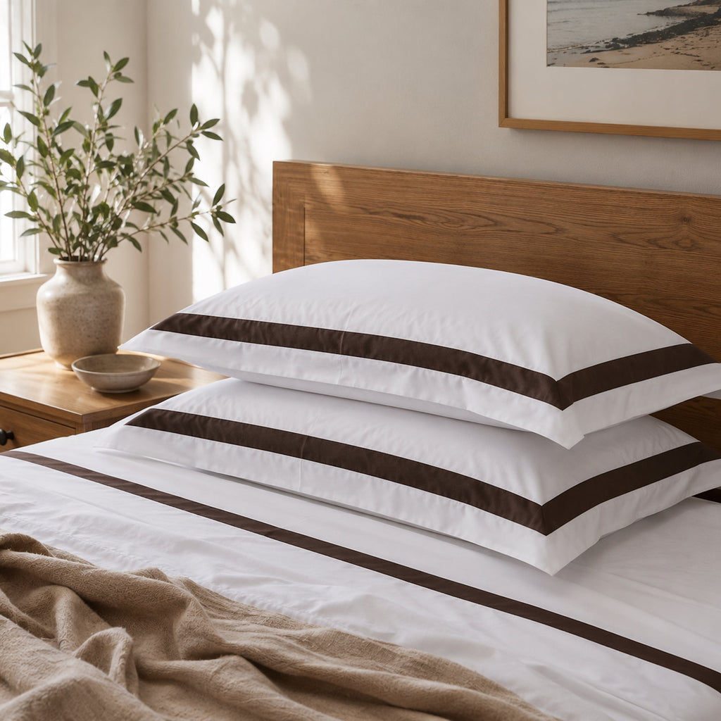 Ava Collection White Pillowcases with Elegant Brown Trim - Set of 2