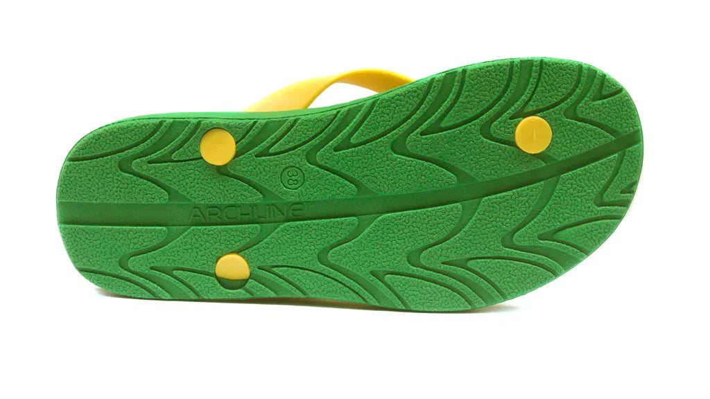 Archline Kids Orthotic Thongs - Supportive Green/Gold Sandals