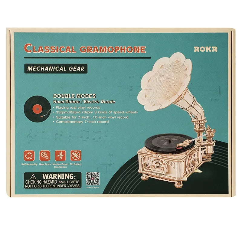 Robotime Hand Crank Classic Gramophone - 424-Piece Wooden Model Kit