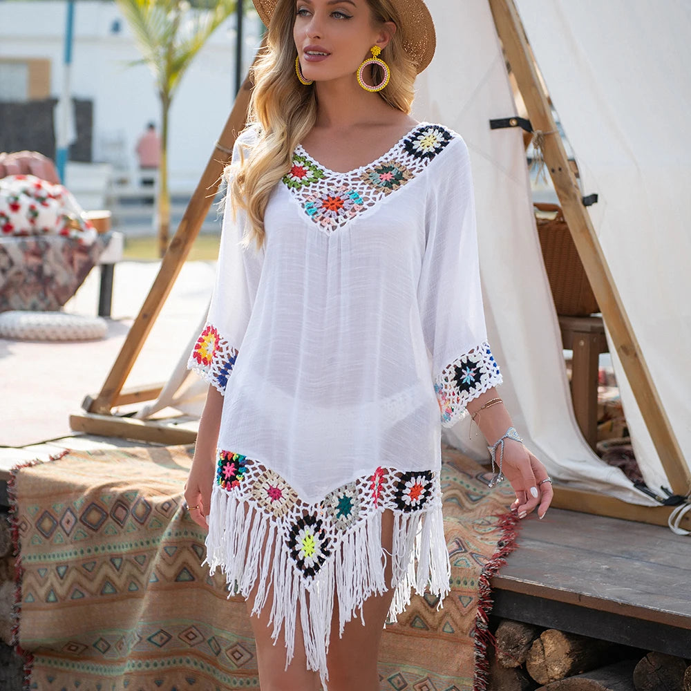 Stylish Crochet Bikini Cover-Up with Fringe Trim for Summer Fun