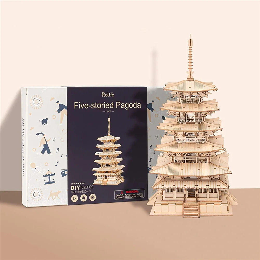 Robotime 275-Pcs DIY 3D Pagoda Wooden Puzzle - Engaging Assembly Fun