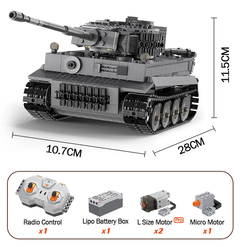 CaDA 925pcs Remote Control WW2 Military Tiger Tank Building Blocks