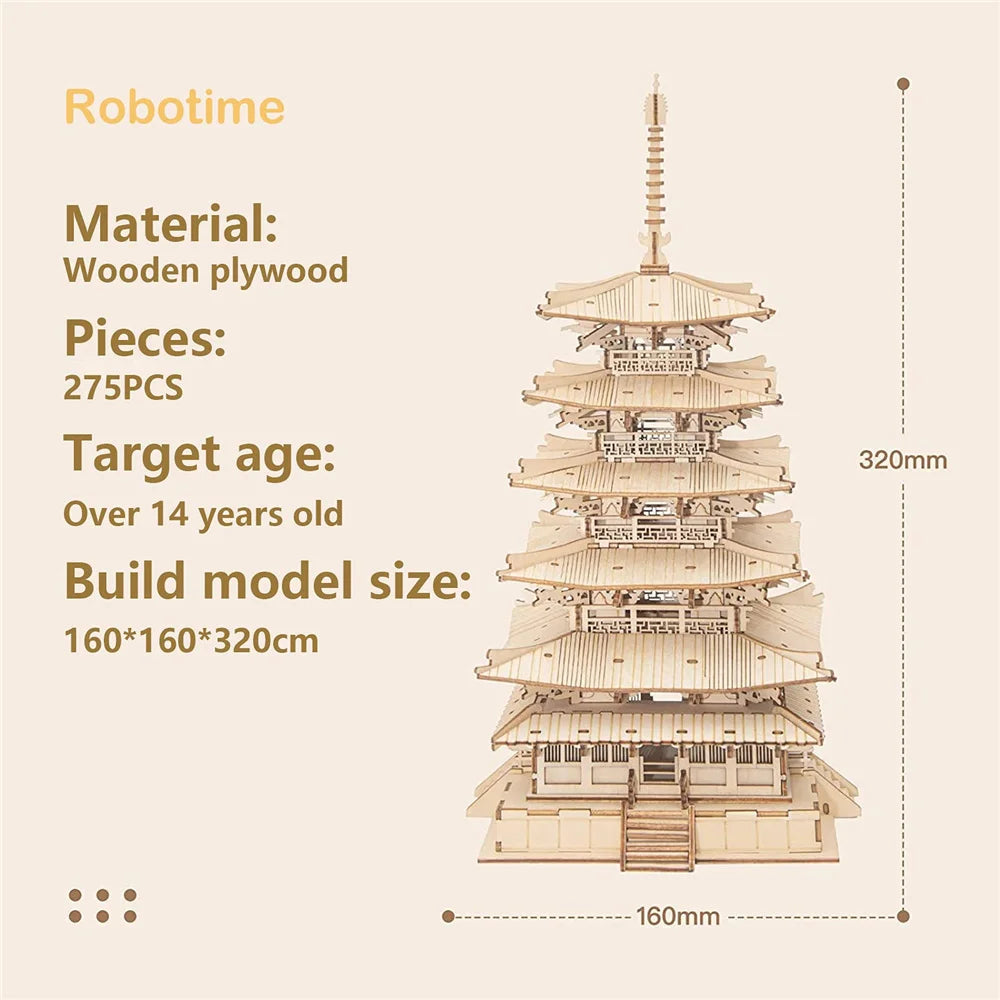 Robotime 275-Pcs DIY 3D Pagoda Wooden Puzzle - Engaging Assembly Fun