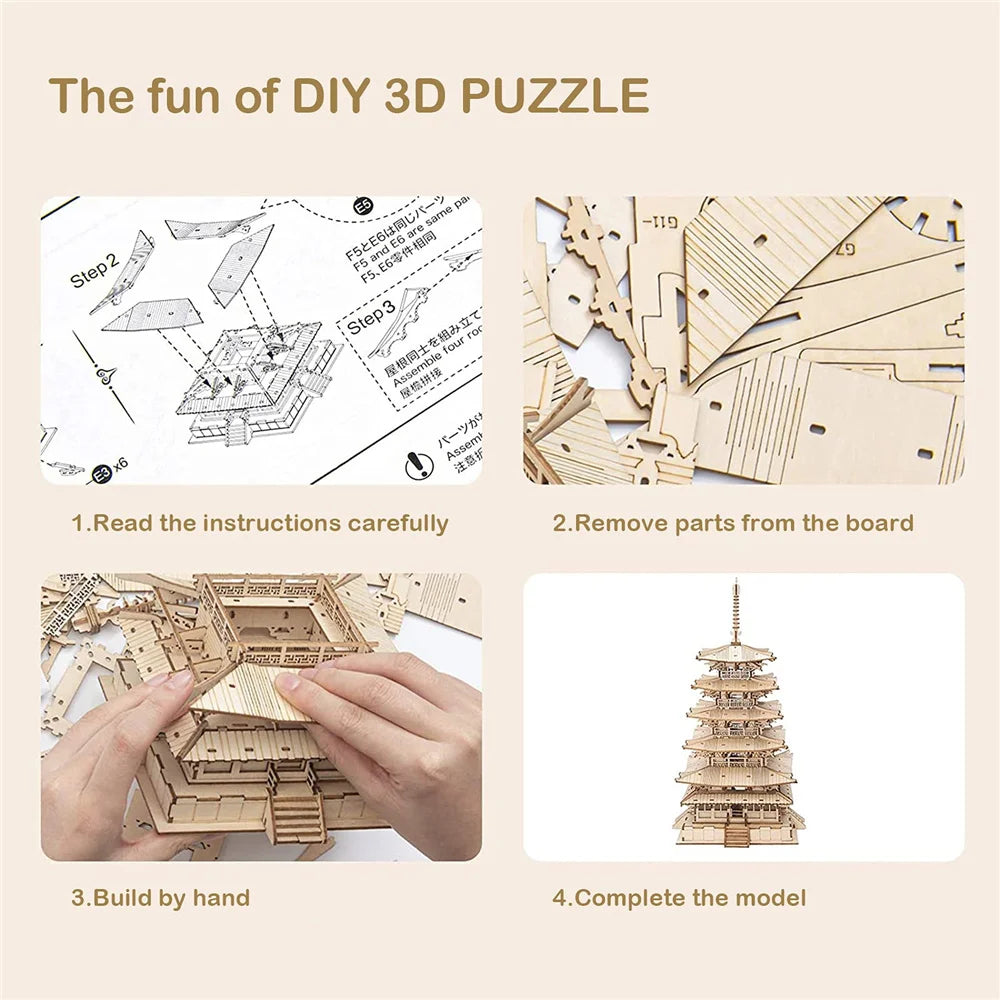 Robotime 275-Pcs DIY 3D Pagoda Wooden Puzzle - Engaging Assembly Fun
