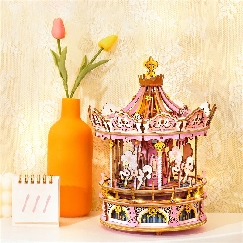 Robotime 3D Wooden Puzzle: DIY Rotatable Carousel Music Box Toy