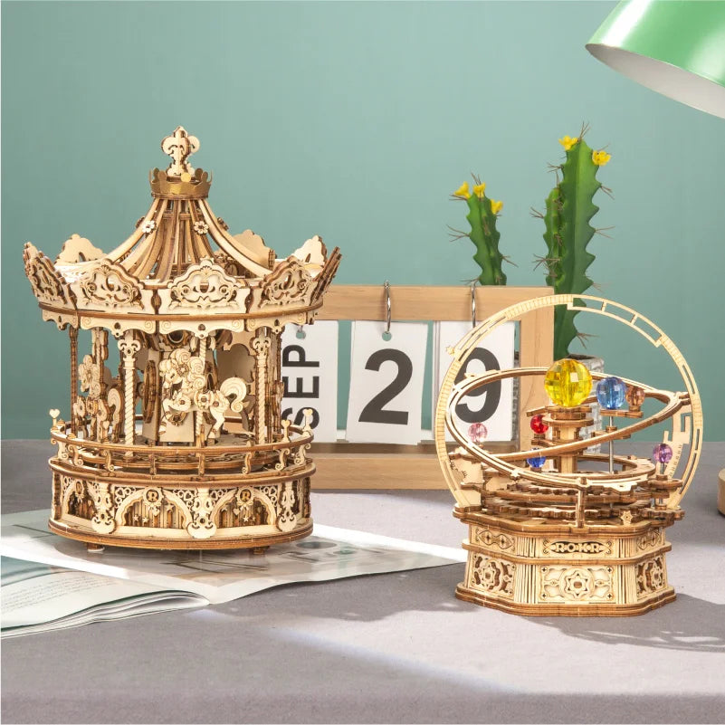 Robotime 3D Wooden Puzzle: DIY Rotatable Carousel Music Box Toy