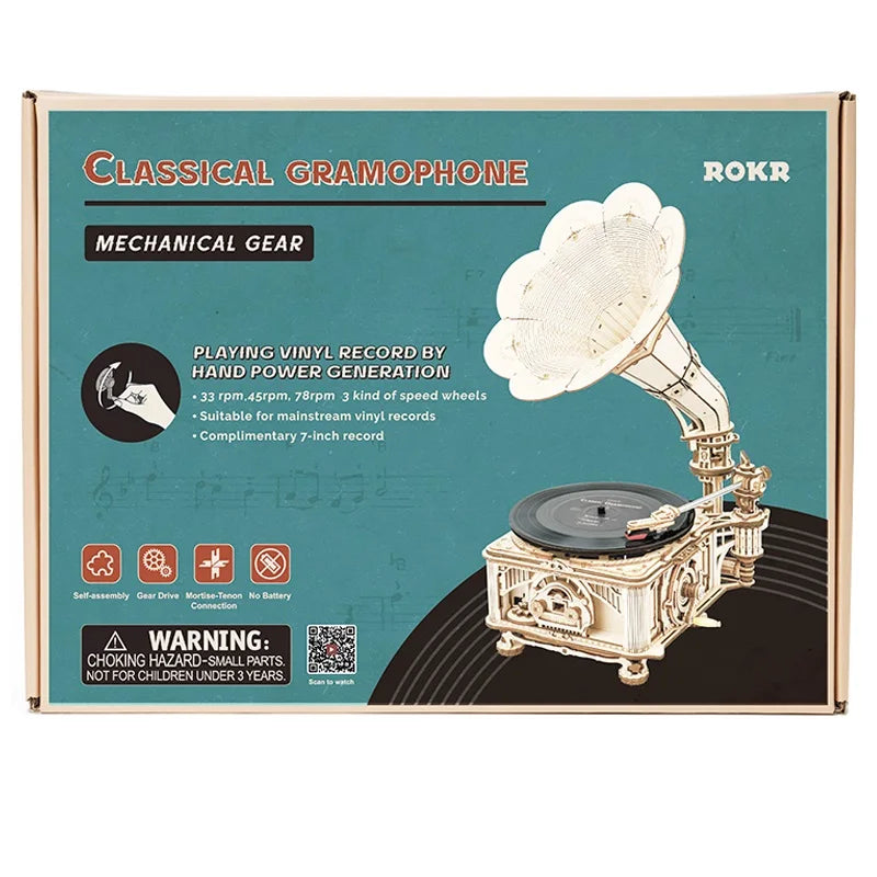 Robotime Hand Crank Classic Gramophone - 424-Piece Wooden Model Kit