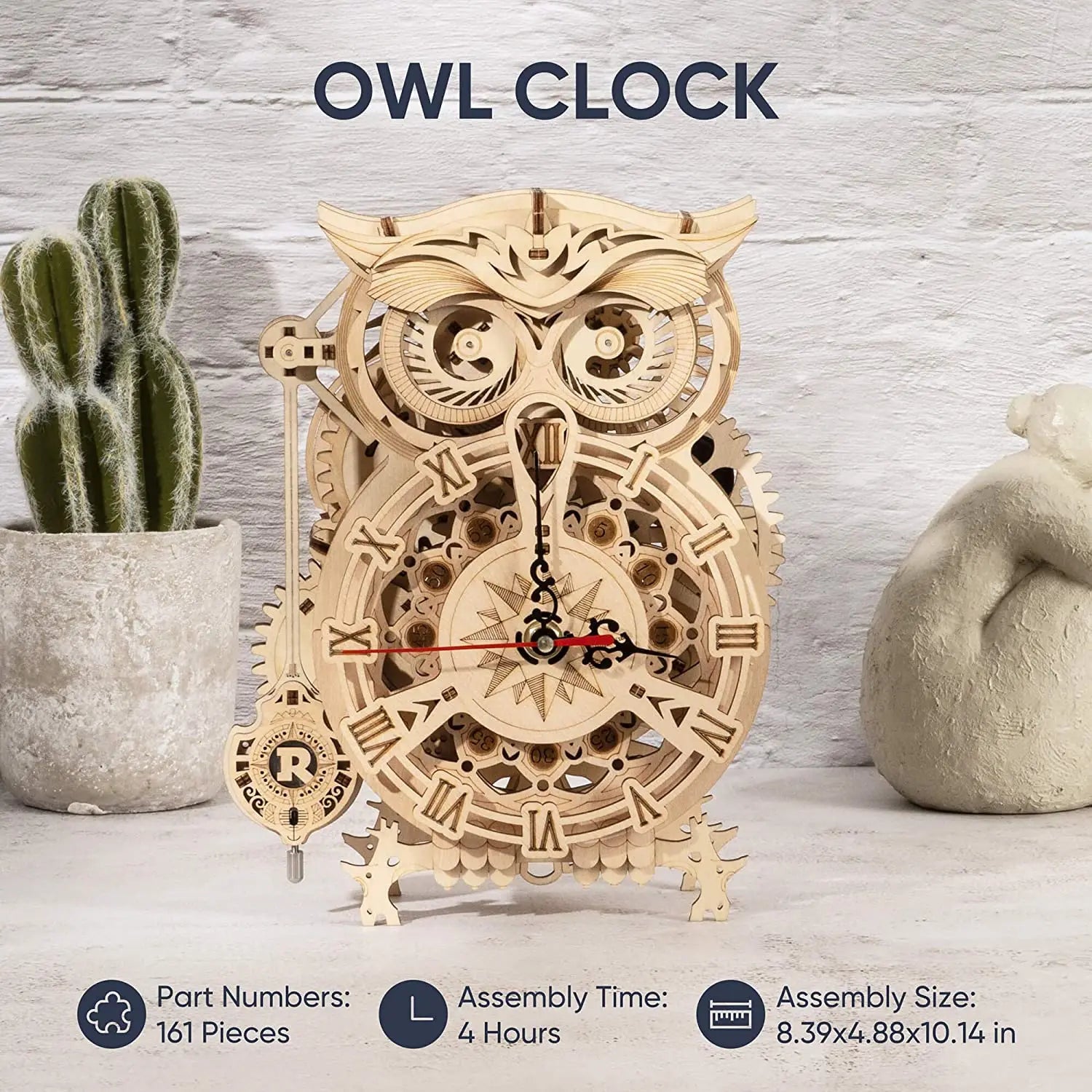Robotime DIY 3D Owl Clock Kit - Creative Wooden Model for All Ages
