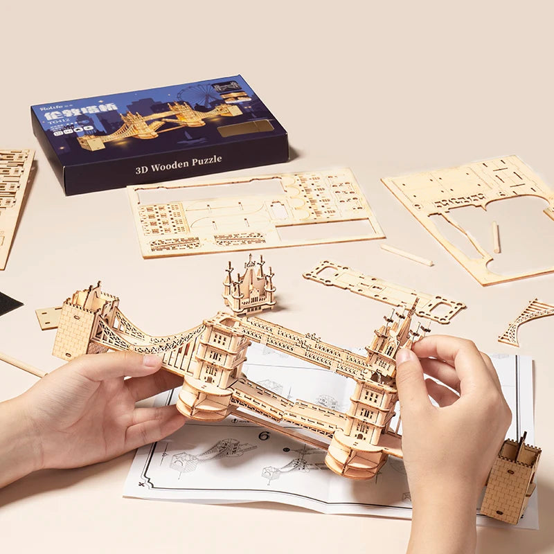 Robotime 3D Wooden Puzzle Kit: Build Big Ben & Tower Bridge