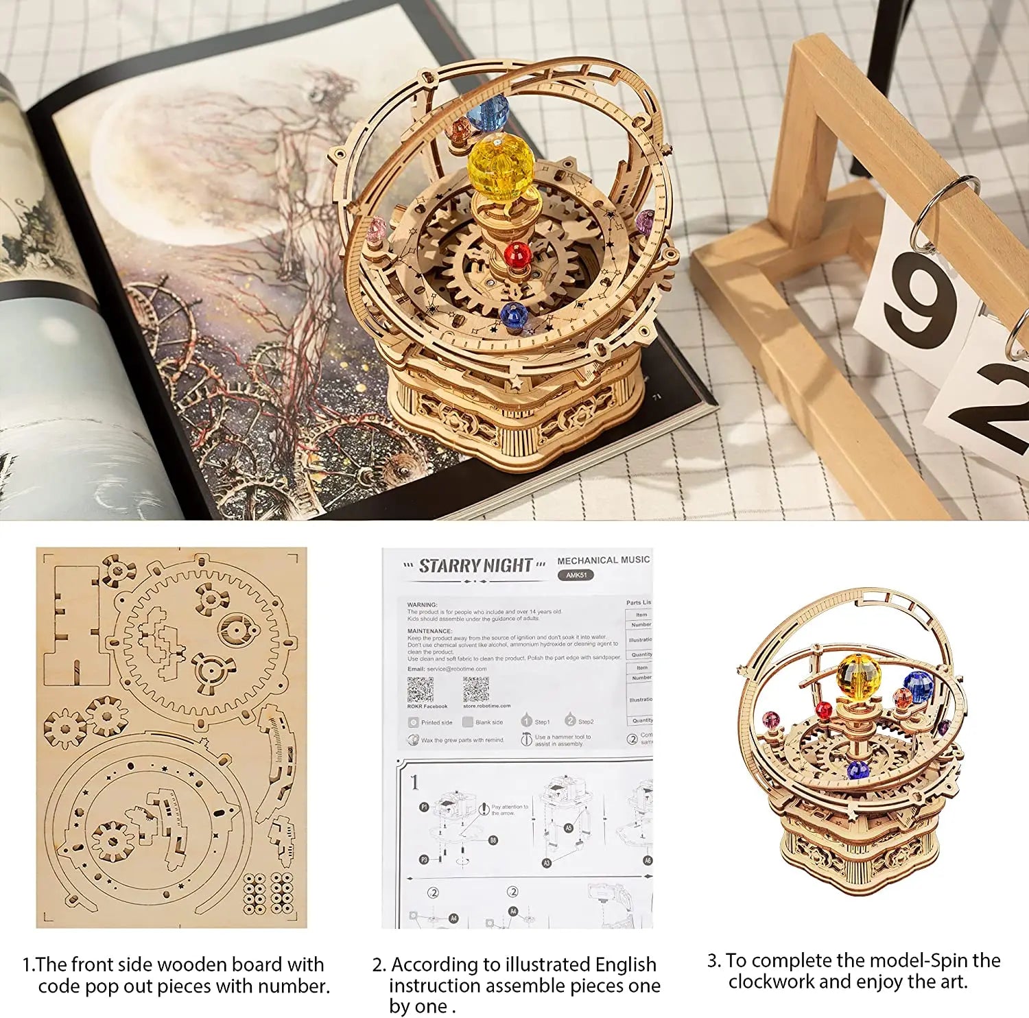 Robotime 3D Starry Night Wooden Music Box Building Kit - 84 Pieces