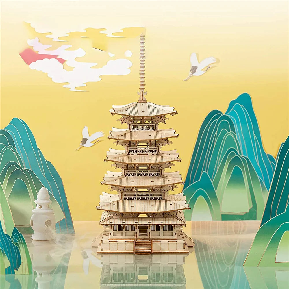 Robotime 275-Pcs DIY 3D Pagoda Wooden Puzzle - Engaging Assembly Fun