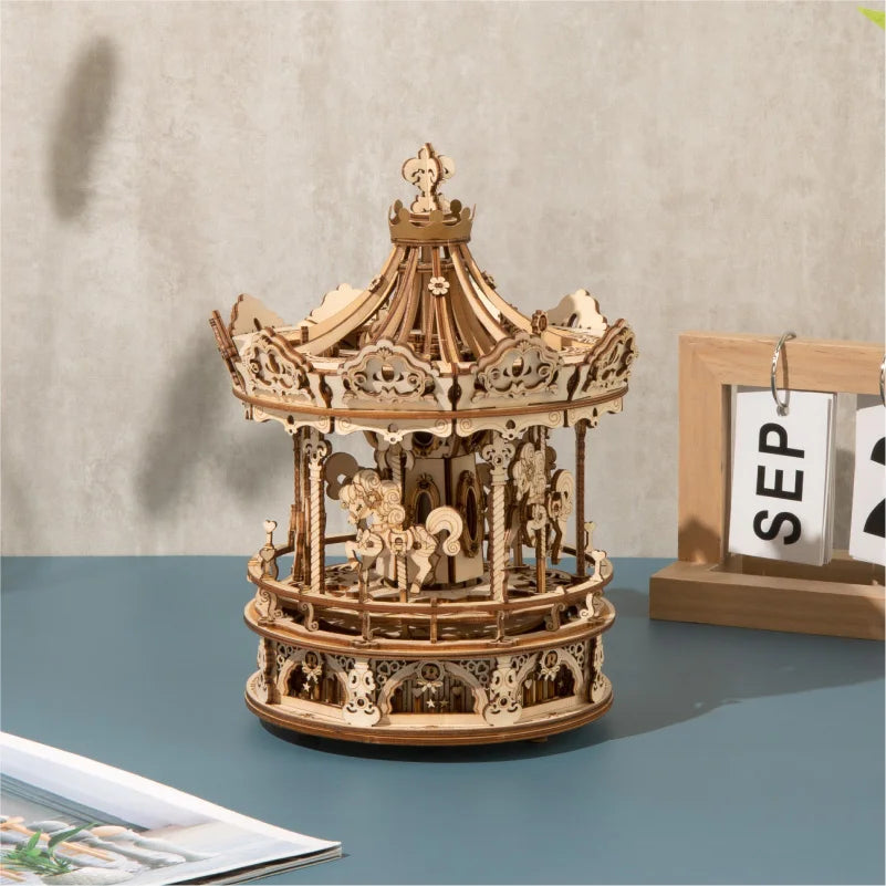 Robotime 3D Wooden Puzzle: DIY Rotatable Carousel Music Box Toy