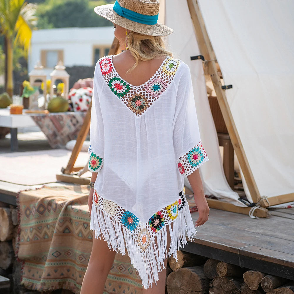 Stylish Crochet Bikini Cover-Up with Fringe Trim for Summer Fun