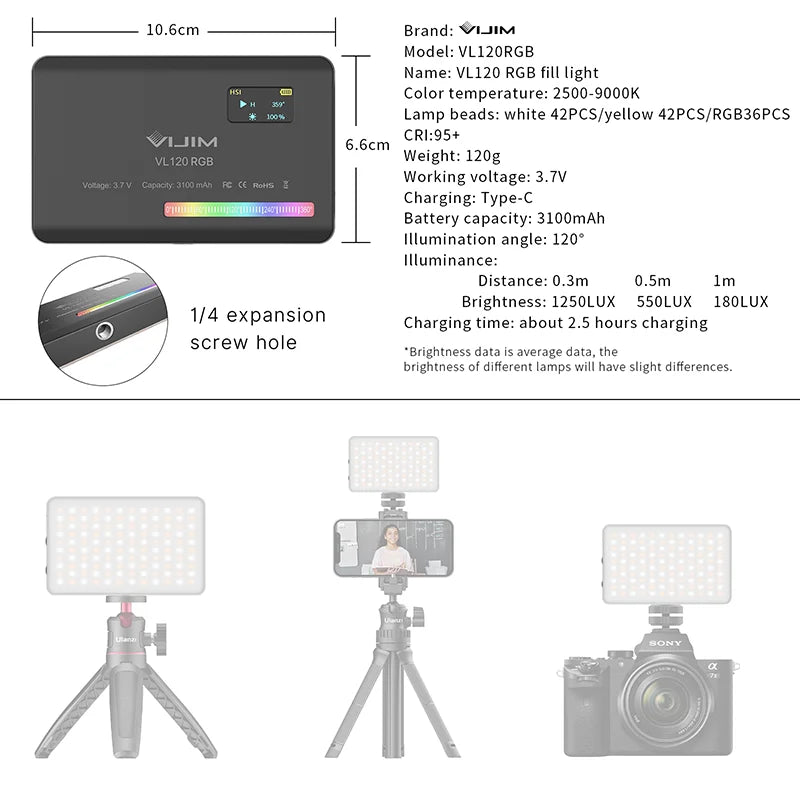 Ulanzi VL120 RGB Mini Video Light - 3100mAh Portable Photography Tool