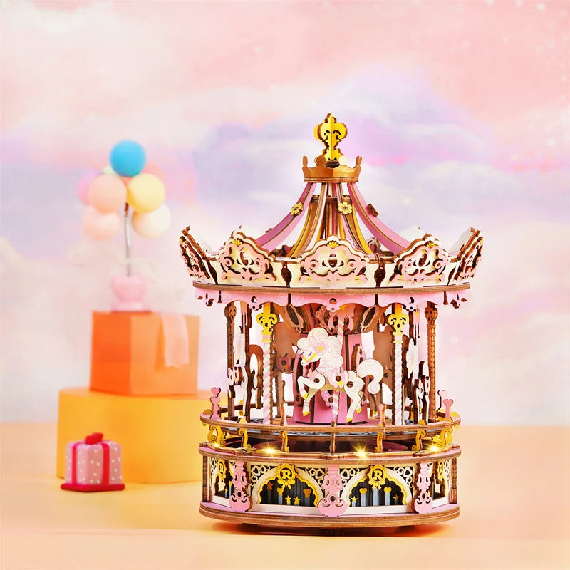 Robotime 3D Wooden Puzzle: DIY Rotatable Carousel Music Box Toy