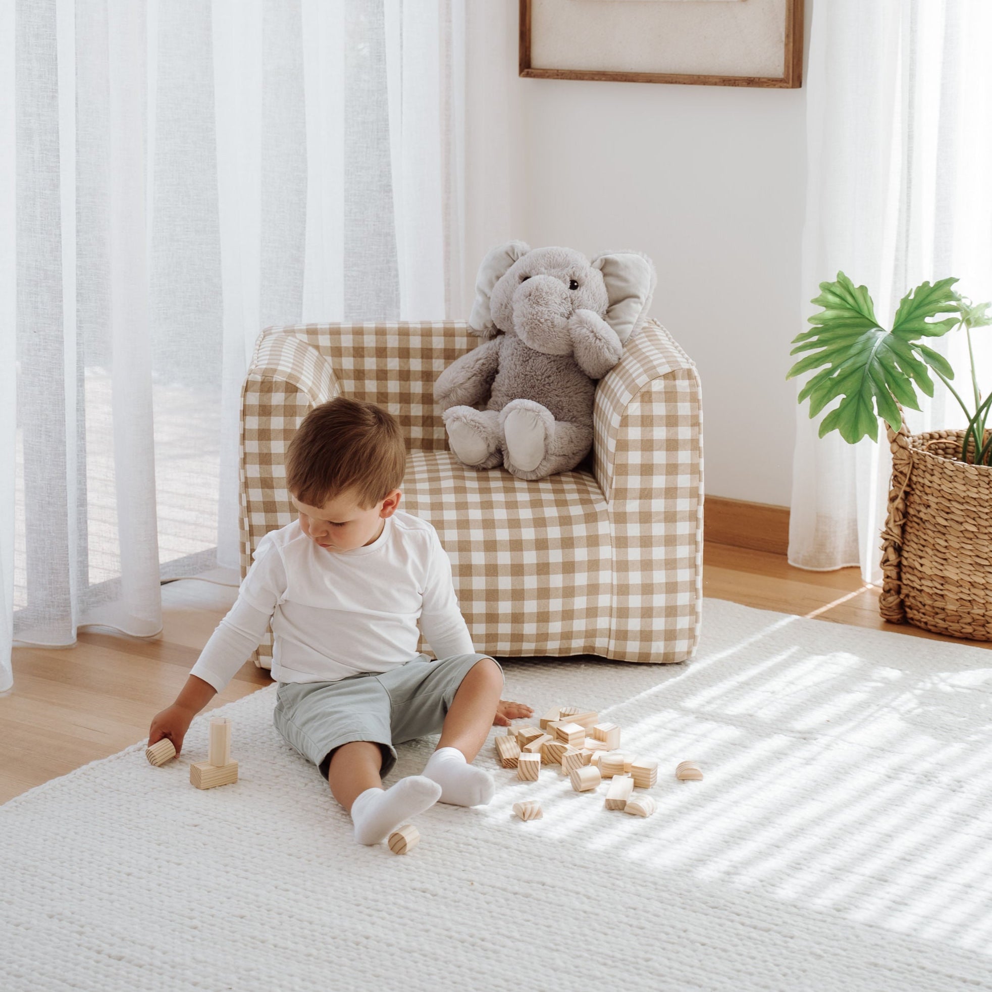 DreamPod® Latte Gingham Kids Beanbag Chair for Ultimate Comfort