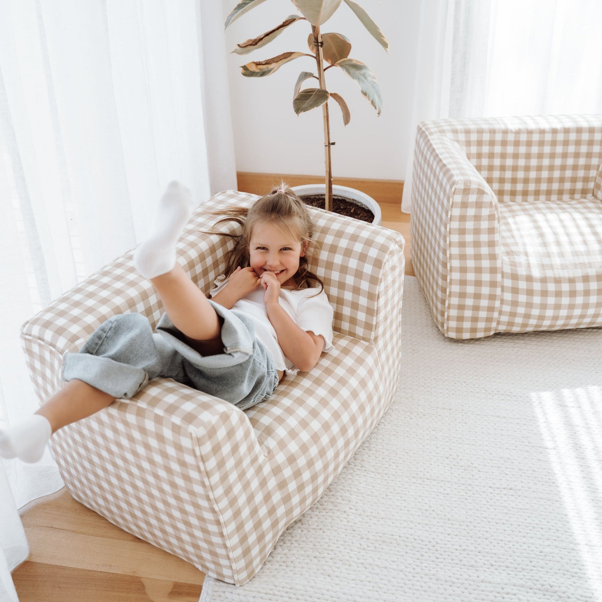 DreamPod® Latte Gingham Kids Beanbag Chair for Ultimate Comfort