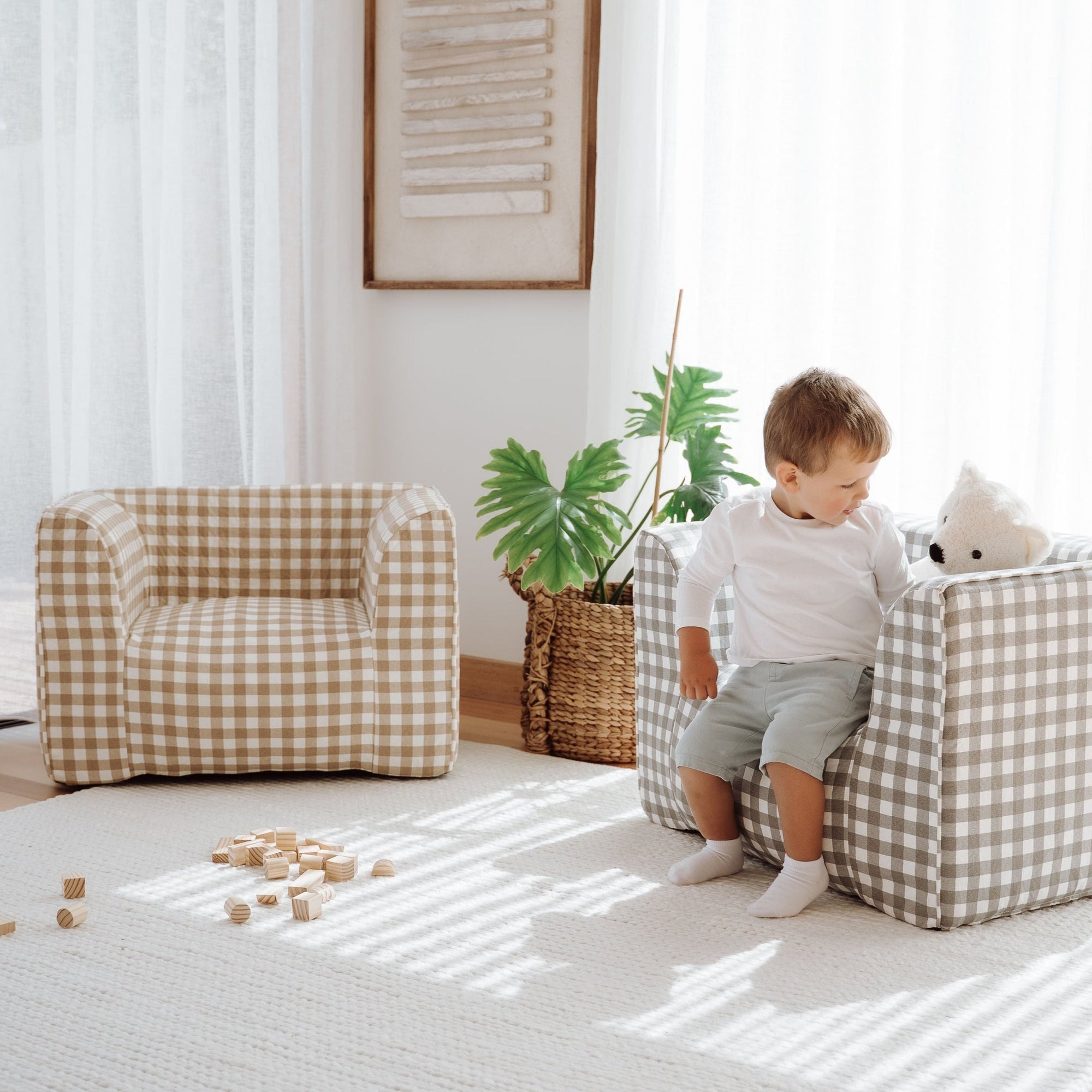 DreamPod® Latte Gingham Kids Beanbag Chair for Ultimate Comfort