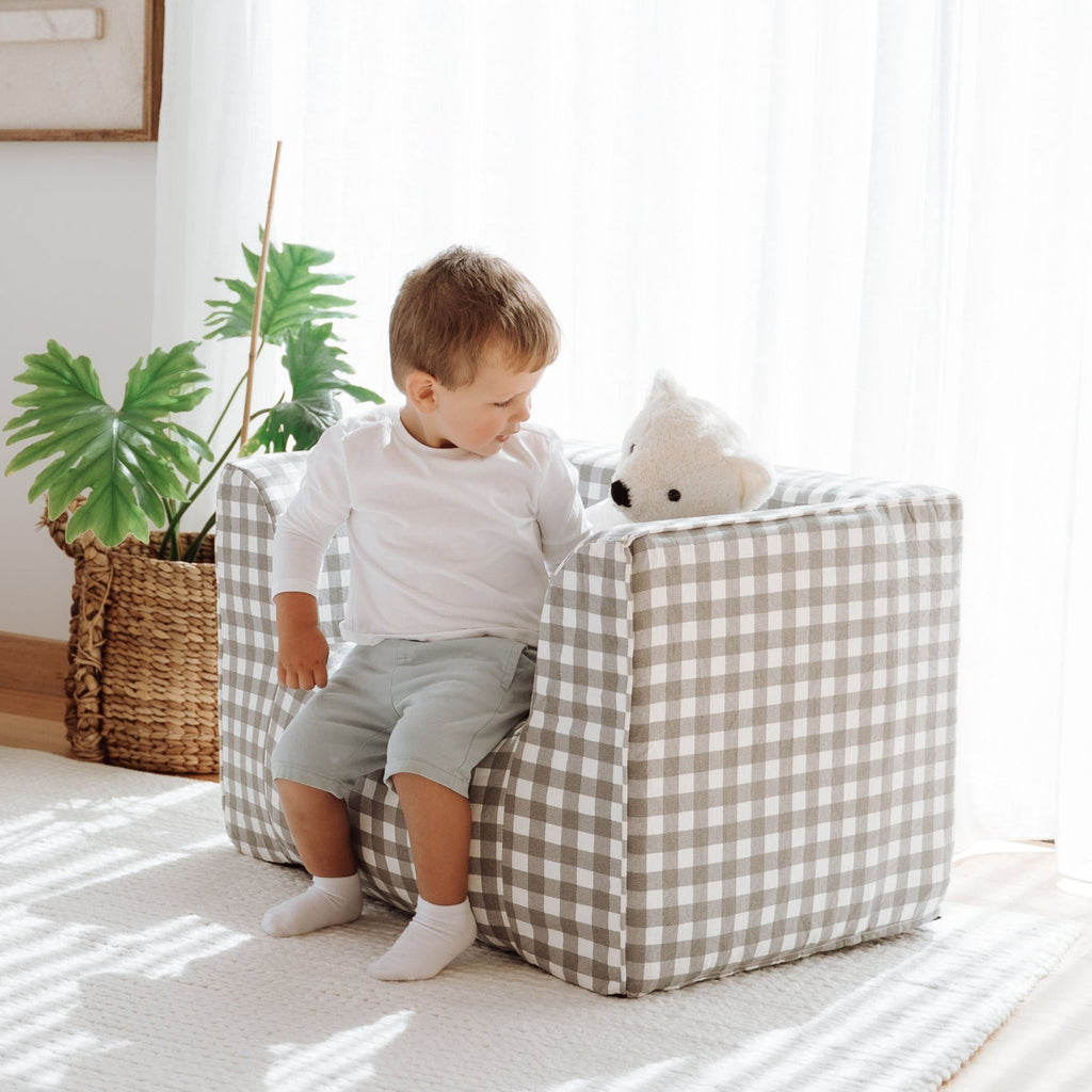 DreamPod® Kids Beanbag Chair - Cozy Grey Gingham for Ultimate Relaxation