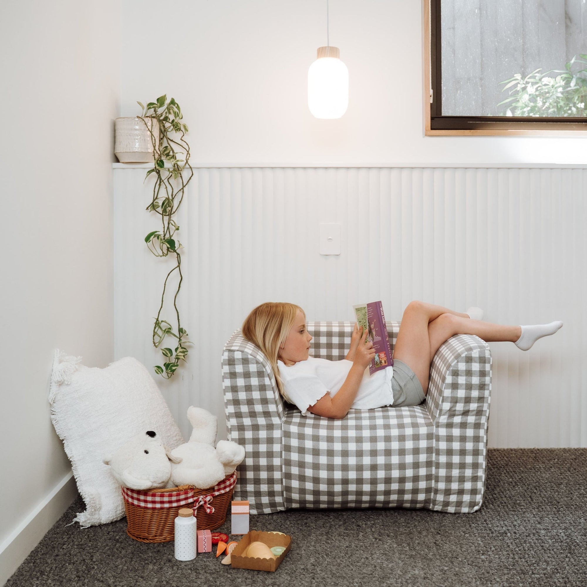 DreamPod® Kids Beanbag Chair - Cozy Grey Gingham for Ultimate Relaxation