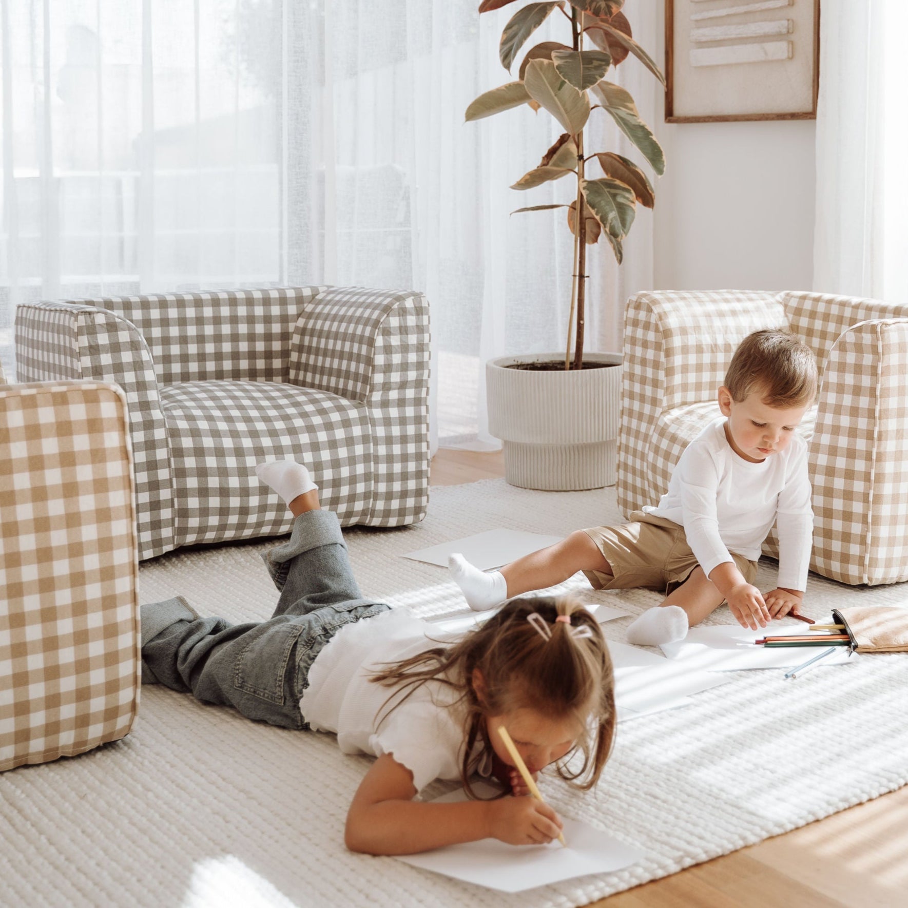 DreamPod® Kids Beanbag Chair - Cozy Grey Gingham for Ultimate Relaxation