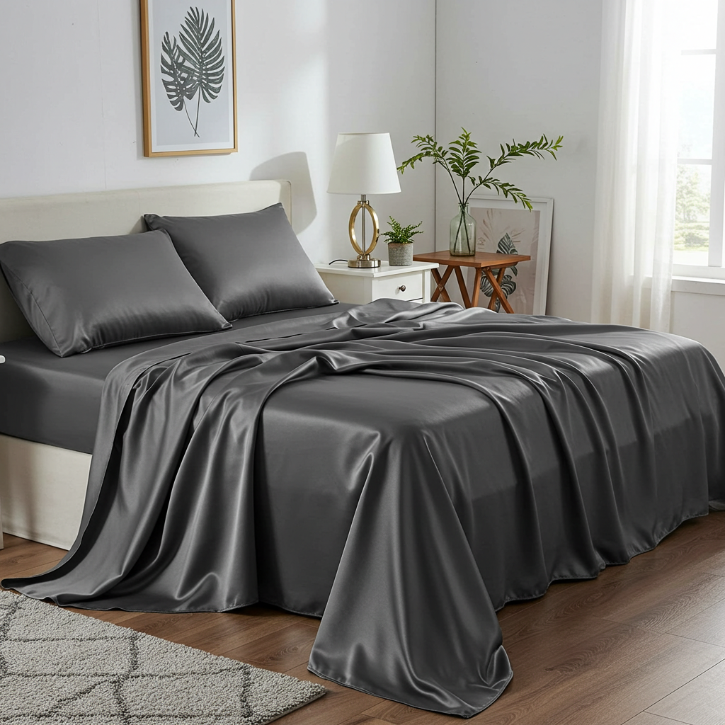 Luxurious Charcoal Grey Satin Sheet Set - Deep Pocket Comfort