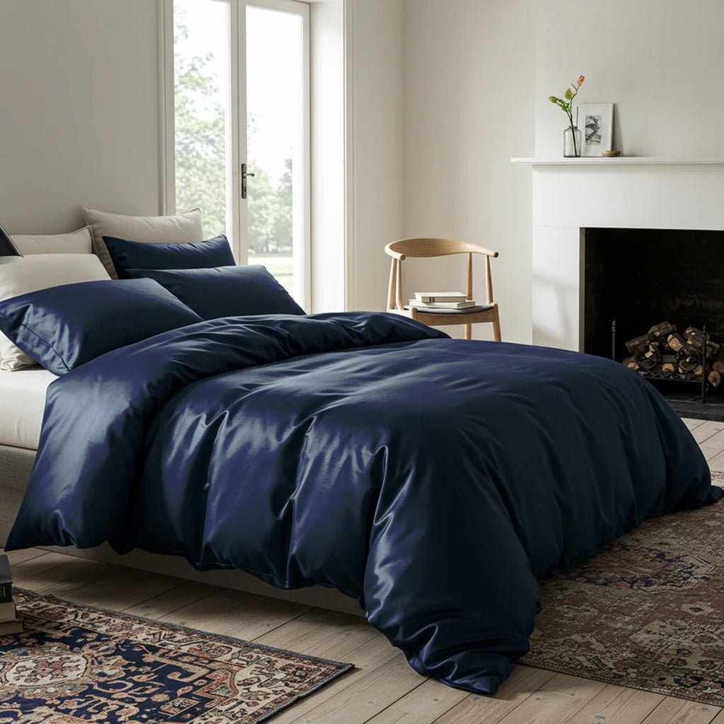 Luxurious Navy Blue Satin King Size Quilt Cover by Ivory & Deene
