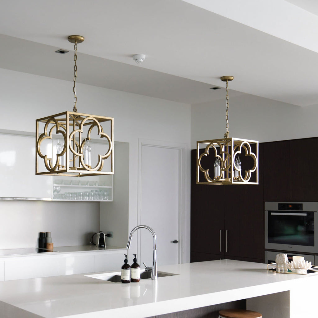 Venetia Modern Detailed Box Frame Lantern Pendant Light - Gold