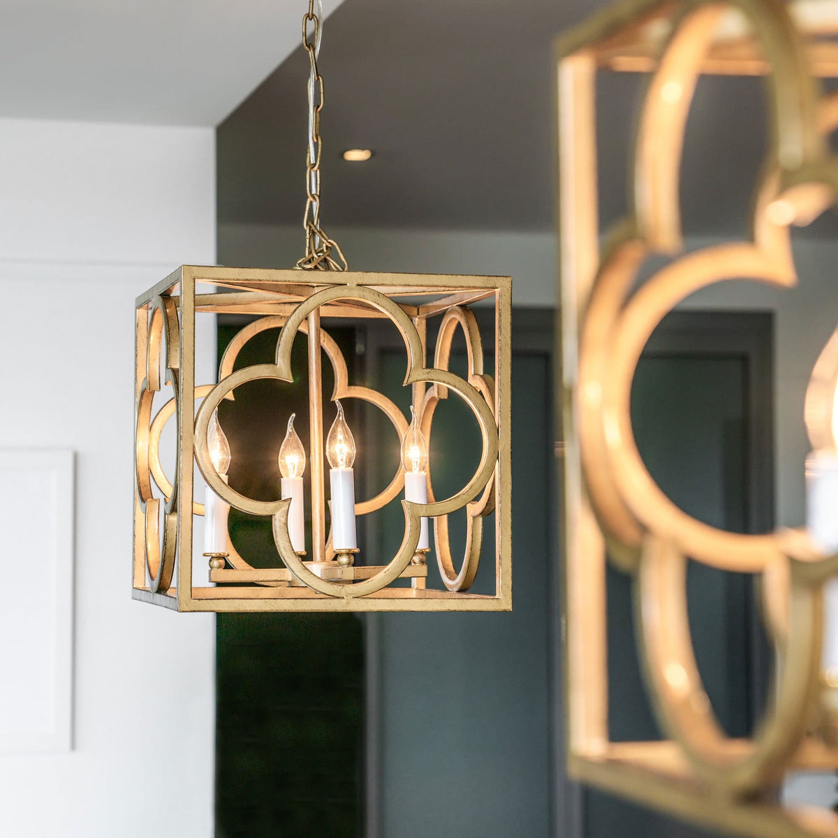 Venetia Modern Detailed Box Frame Lantern Pendant Light - Gold