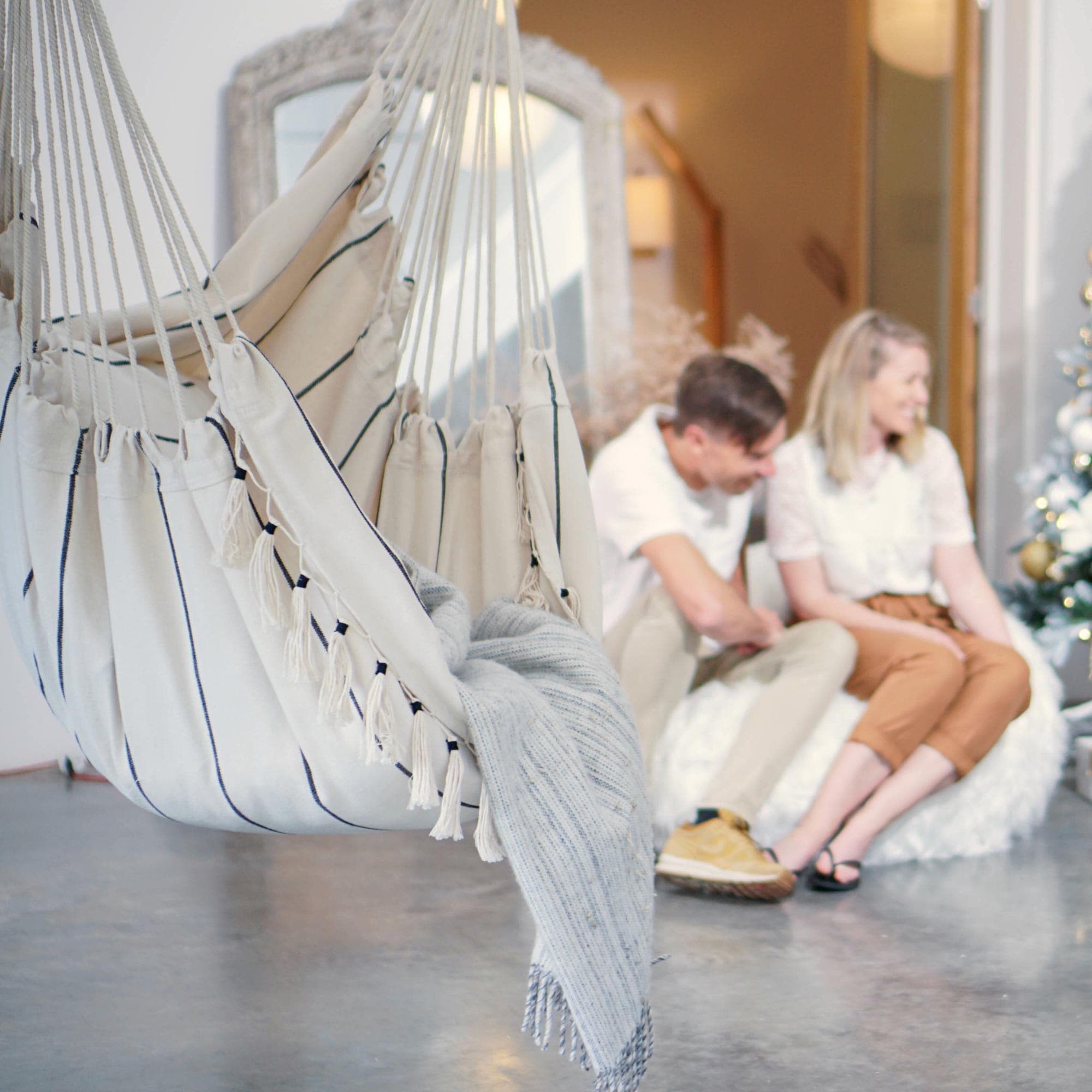 Soho Pinstripe Cream Hammock Chair with Cushions - Relax in Style
