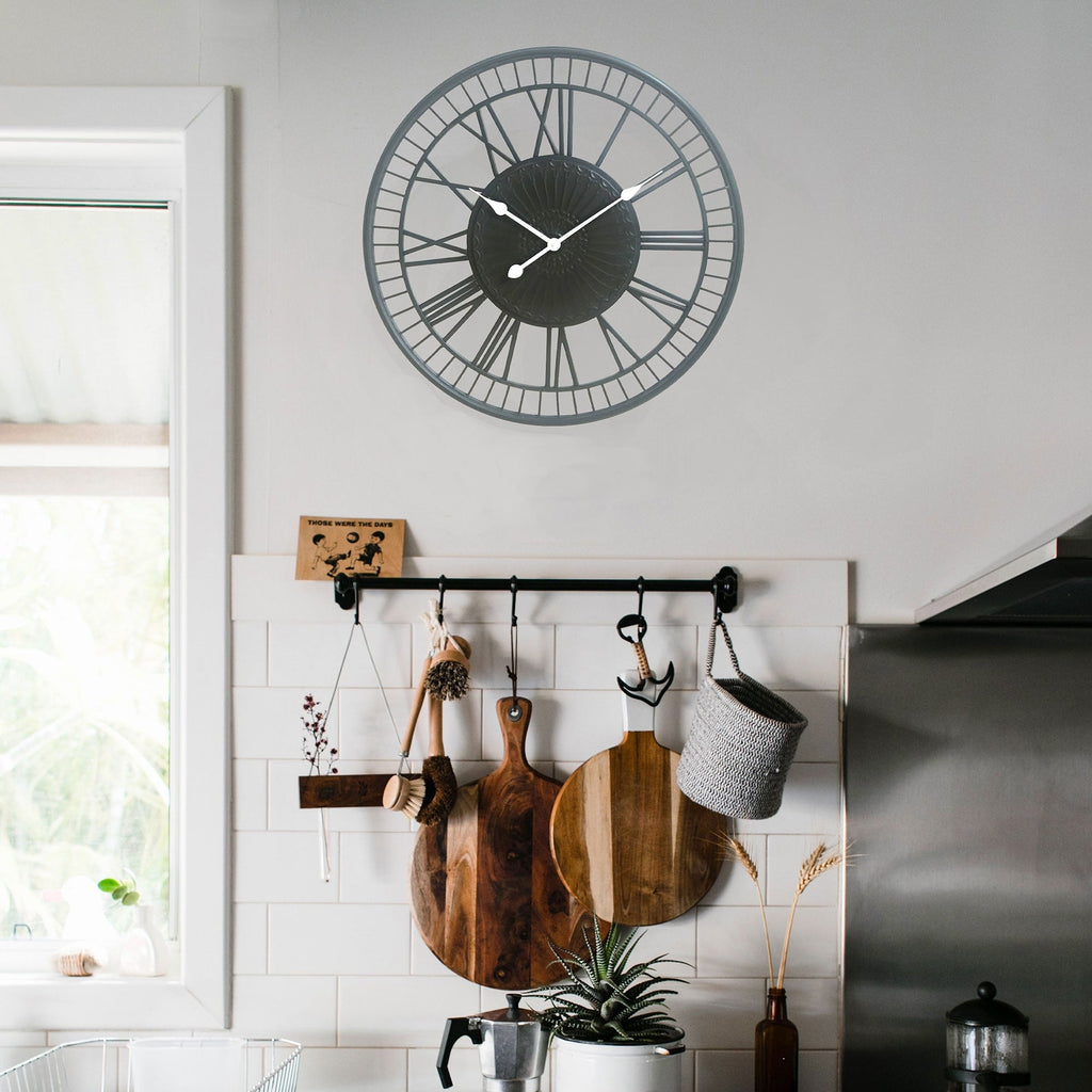 Tuscany Large Charcoal Metal Wall Clock - Vintage Industrial Style