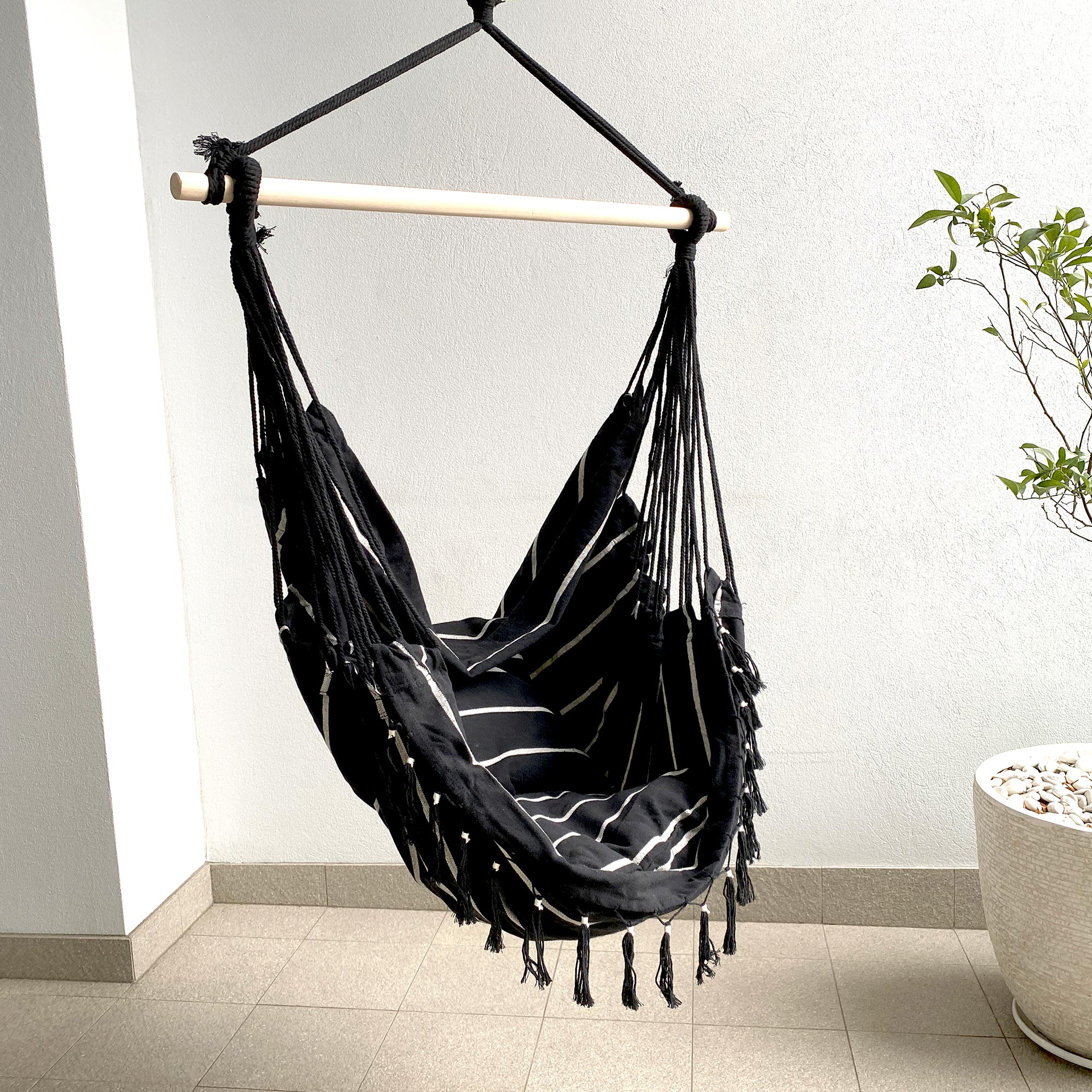 Soho Pinstripe Hammock Chair with Cushions for Relaxation - Black