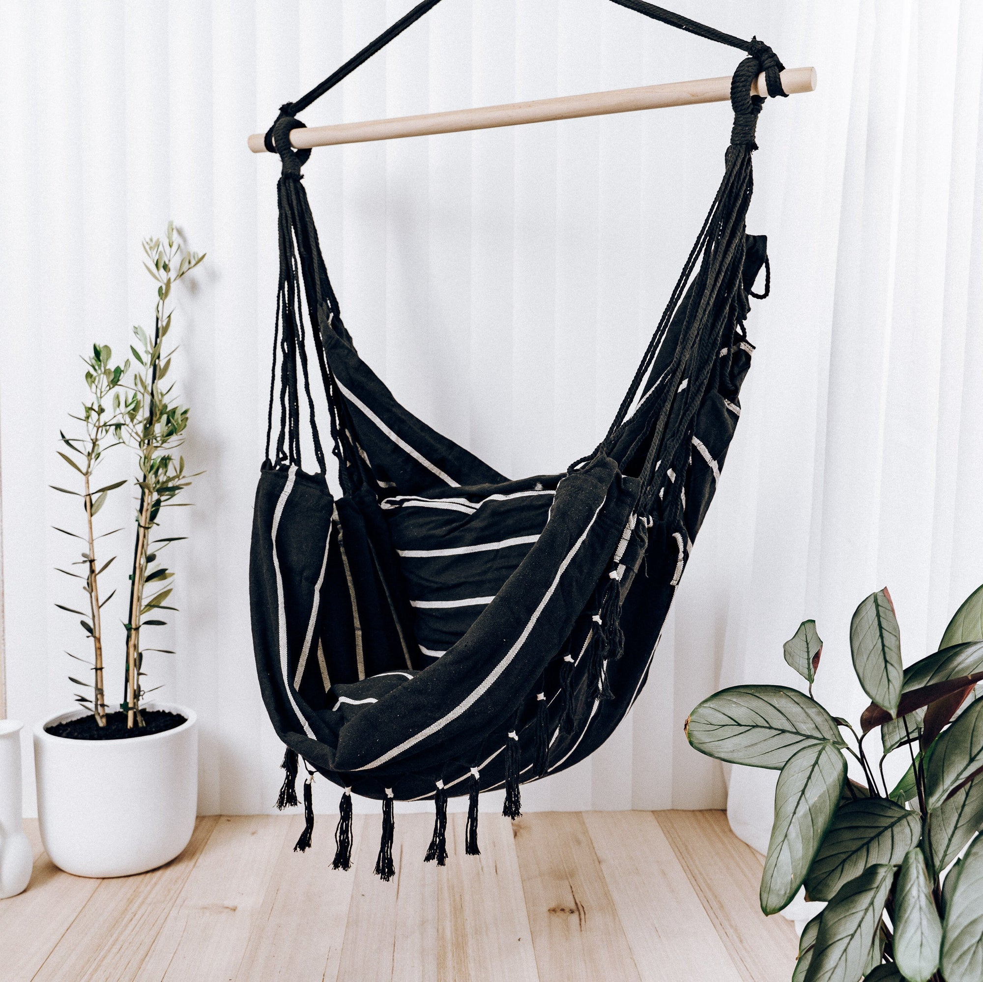 Soho Pinstripe Hammock Chair with Cushions for Relaxation - Black